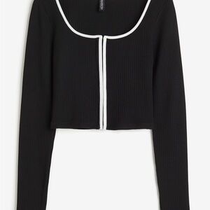 Women's Black Cropped Ribbed Long Sleeve Top with White Trim